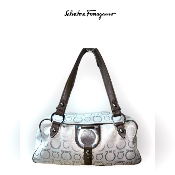 Salvatore Ferragamo AU-21 6841 Gray Signature Logo Canvas Satchel Leather - Picture 1 of 15